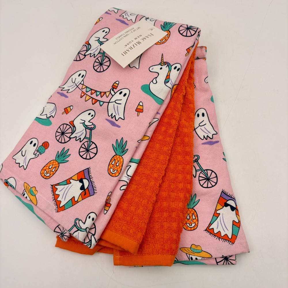 Isaac Mizrahi Summerween Halloween Ghost Kitchen Towels Set Pink Orange Cotton